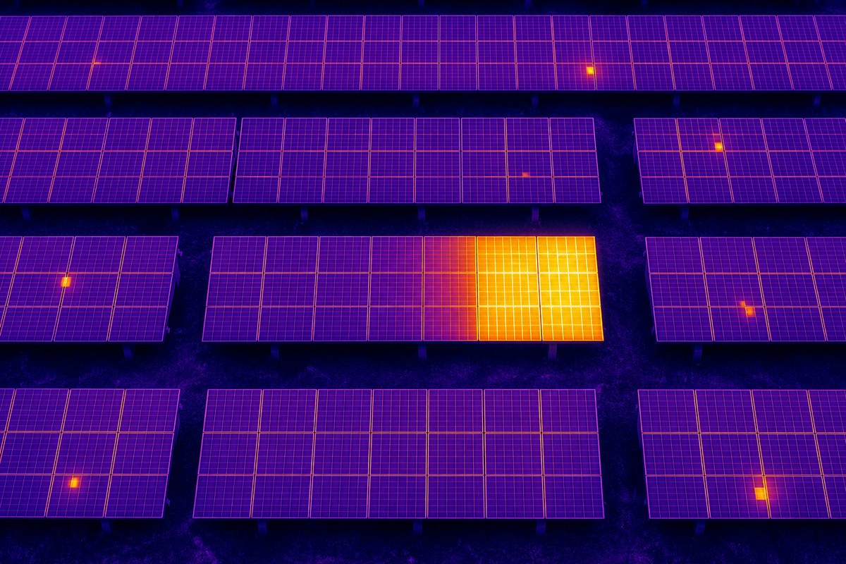 Thermal drone inspection of a solar array revealing a hotspot anomaly